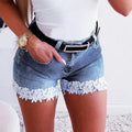 Women Slim Denim Shorts Stretch Lace Stitching Jeans Shorts Ladies Casual Regular Short-belleandkai.com