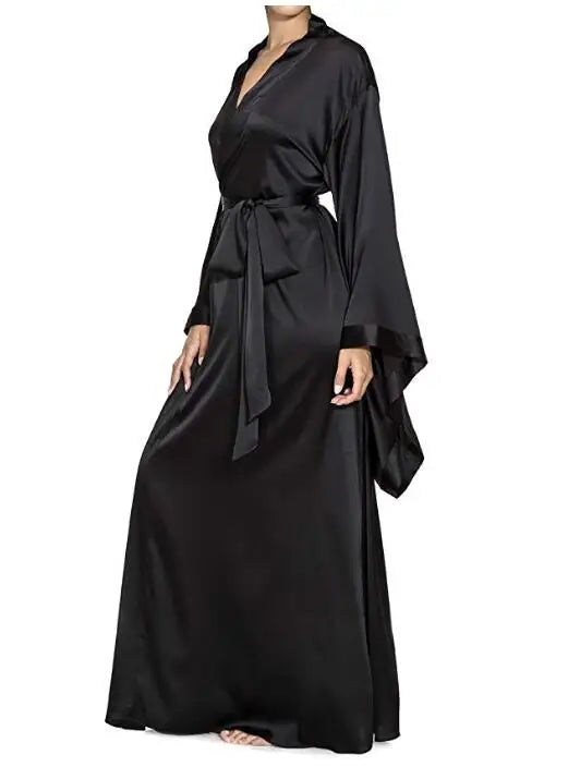 2019 New Solid Robes Women Black Red Long Sleeve Nightgown Ladies Girls Silk Satin Smooth Spring Lace Sleepwear Female Bathrobe-belleandkai.com