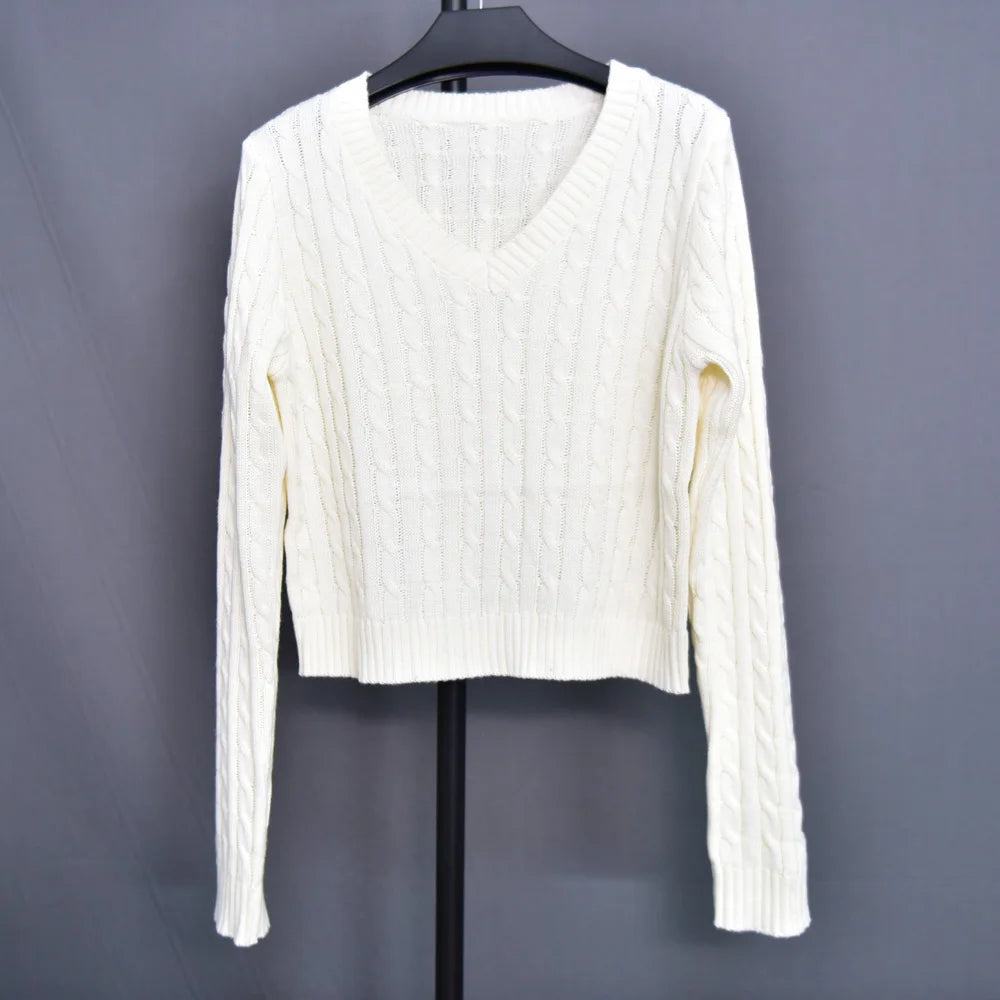 Brandy Mandy Women's V-Neck Long Sleeve Knit Sweater Casual Autumn Top Navy Crop Pullover for Girls-belleandkai.com