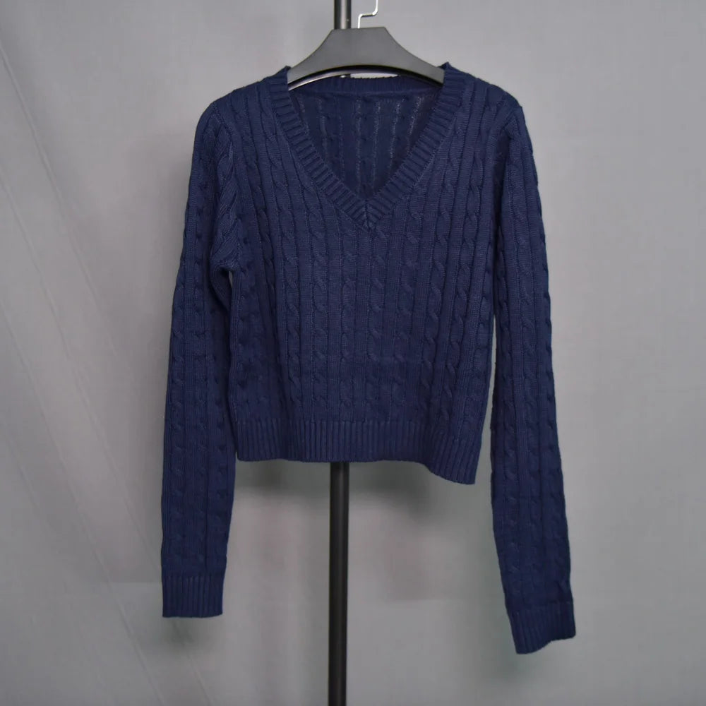 Brandy Mandy Women's V-Neck Long Sleeve Knit Sweater Casual Autumn Top Navy Crop Pullover for Girls-belleandkai.com