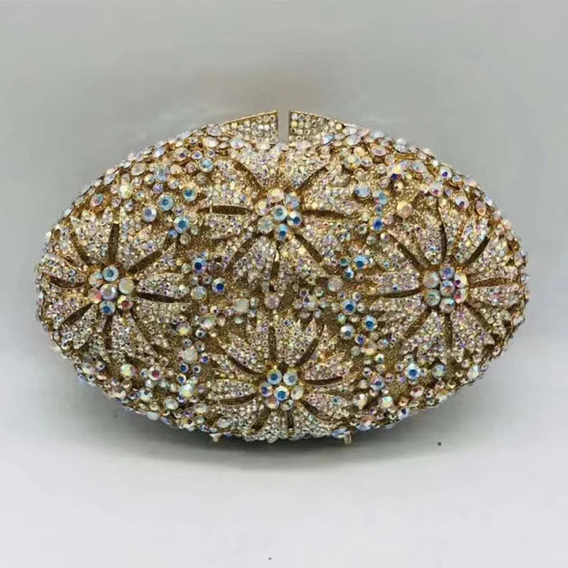 Gold Diamond Flower Evening Clutch Purse Oval Shape Rhinestone Crystal Wedding Bridal Clutches Luxury Phone Handbags-belleandkai.com