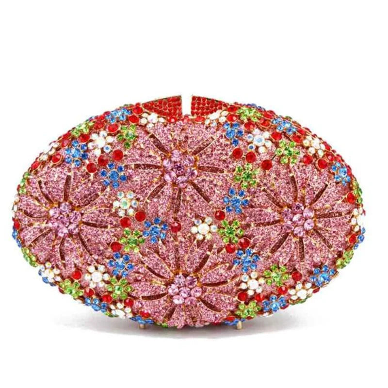 Gold Diamond Flower Evening Clutch Purse Oval Shape Rhinestone Crystal Wedding Bridal Clutches Luxury Phone Handbags-belleandkai.com