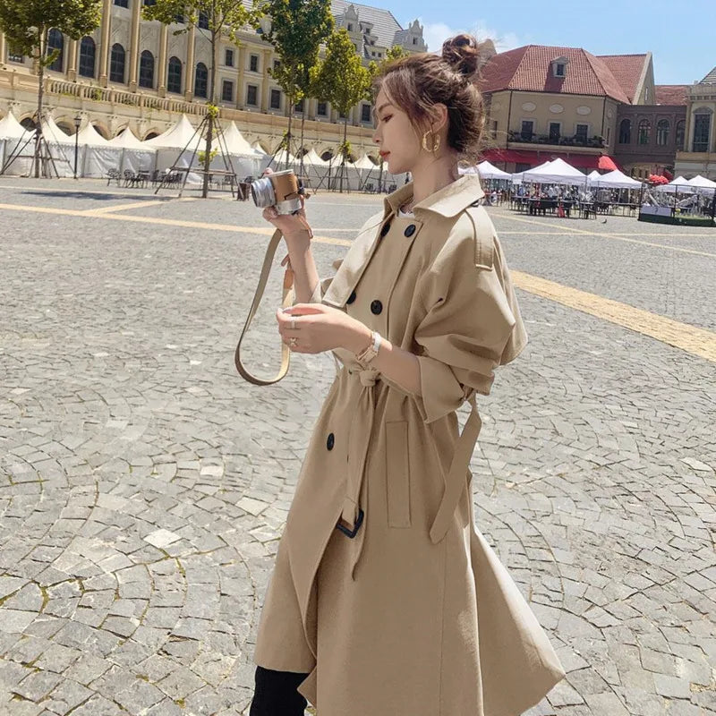 2025 Fashion Women Trench Coat Beige Blue Long Double-Breasted With Belt Spring Autumn Lady Coat Female Korean Loose Outerwear-belleandkai.com