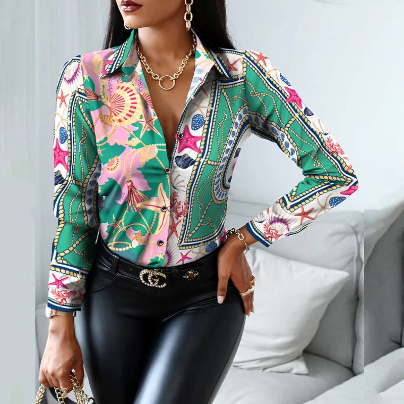 2024 Women Fashion Shirt Lady Long Sleeve Blouse Turn-down CollarButton Design Print  Casual Shirts-belleandkai.com