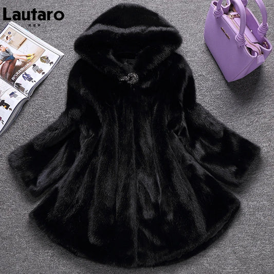 Lautaro Winter Black Warm Thick Hairy Soft Faux Mink Fur Coat Women with Hood Elegant Luxury Fluffy Jacket 2022 4xl 5xl 6xl 7xl-belleandkai.com