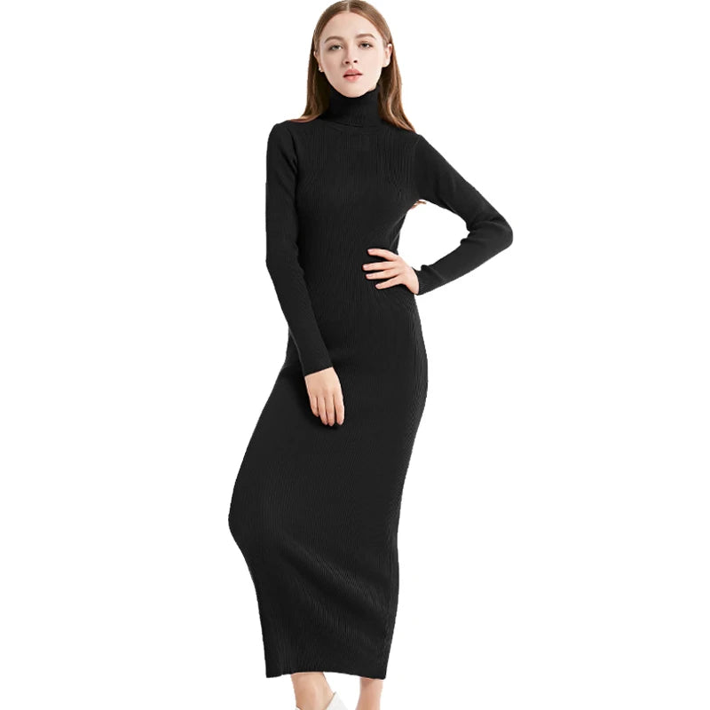 New Fashion Women Sexy Party Dress Knit Style Long Sleeve Turtleneck Winter Maxi Dress Slim Work Wear Office Dress Vestidos-belleandkai.com