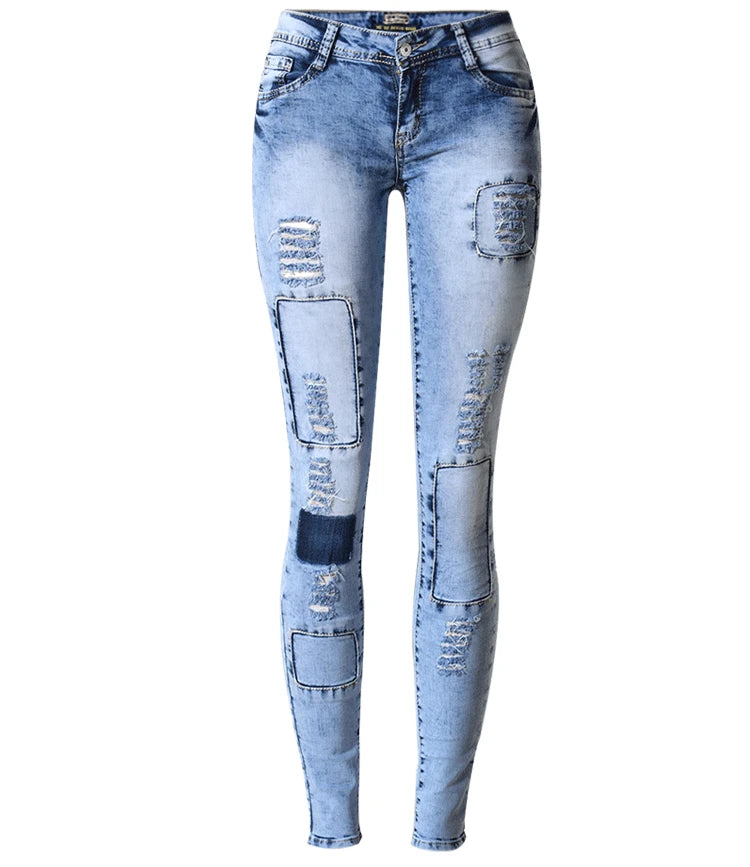 Summer Style Low Waist Sky Blue Patchwork Skinny Tights Women Pencil Jeans High Stretch Sexy Push Up Denim Women Fashion Jeans-belleandkai.com