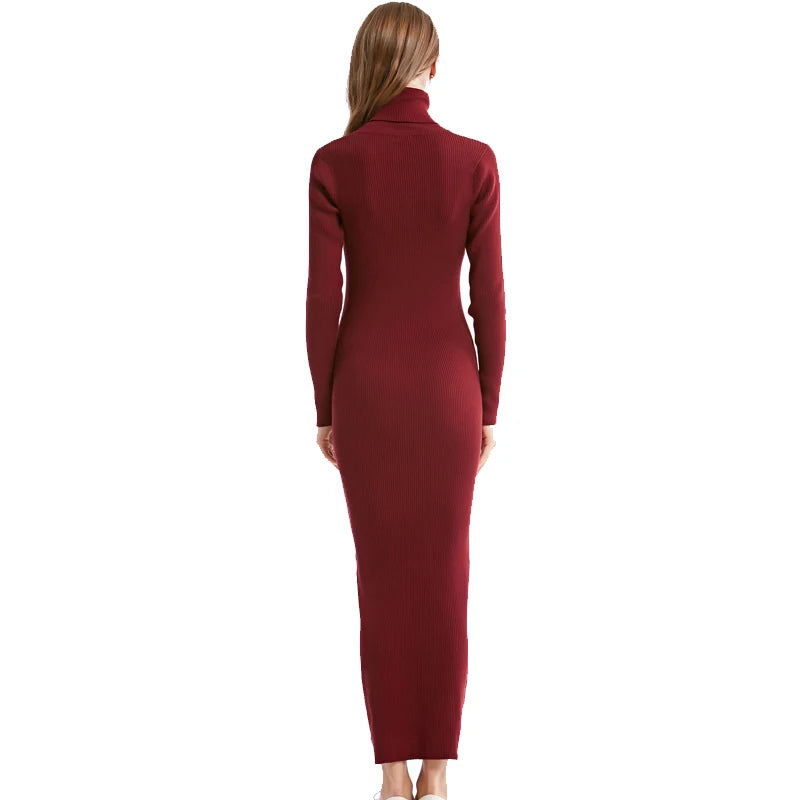 New Fashion Women Sexy Party Dress Knit Style Long Sleeve Turtleneck Winter Maxi Dress Slim Work Wear Office Dress Vestidos-belleandkai.com