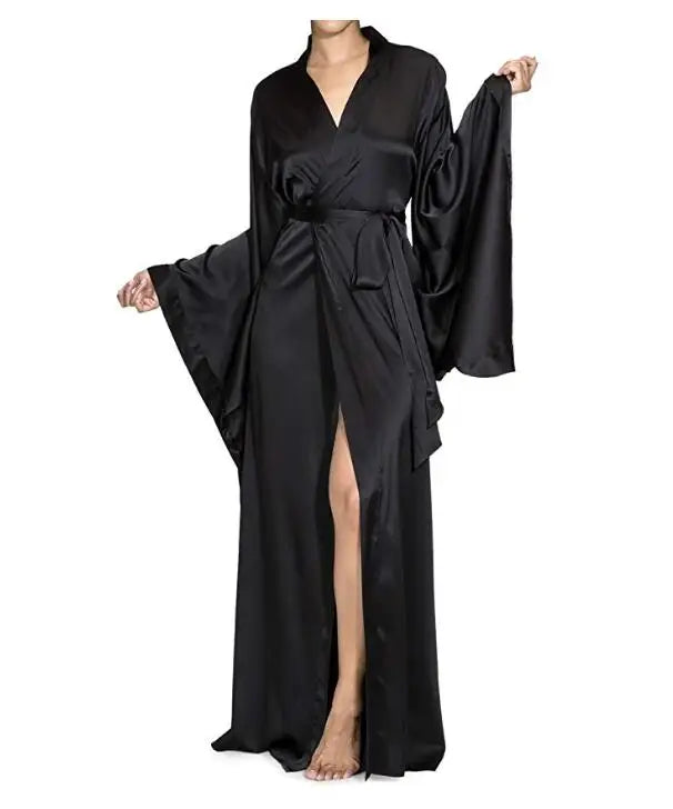 2019 New Solid Robes Women Black Red Long Sleeve Nightgown Ladies Girls Silk Satin Smooth Spring Lace Sleepwear Female Bathrobe-belleandkai.com
