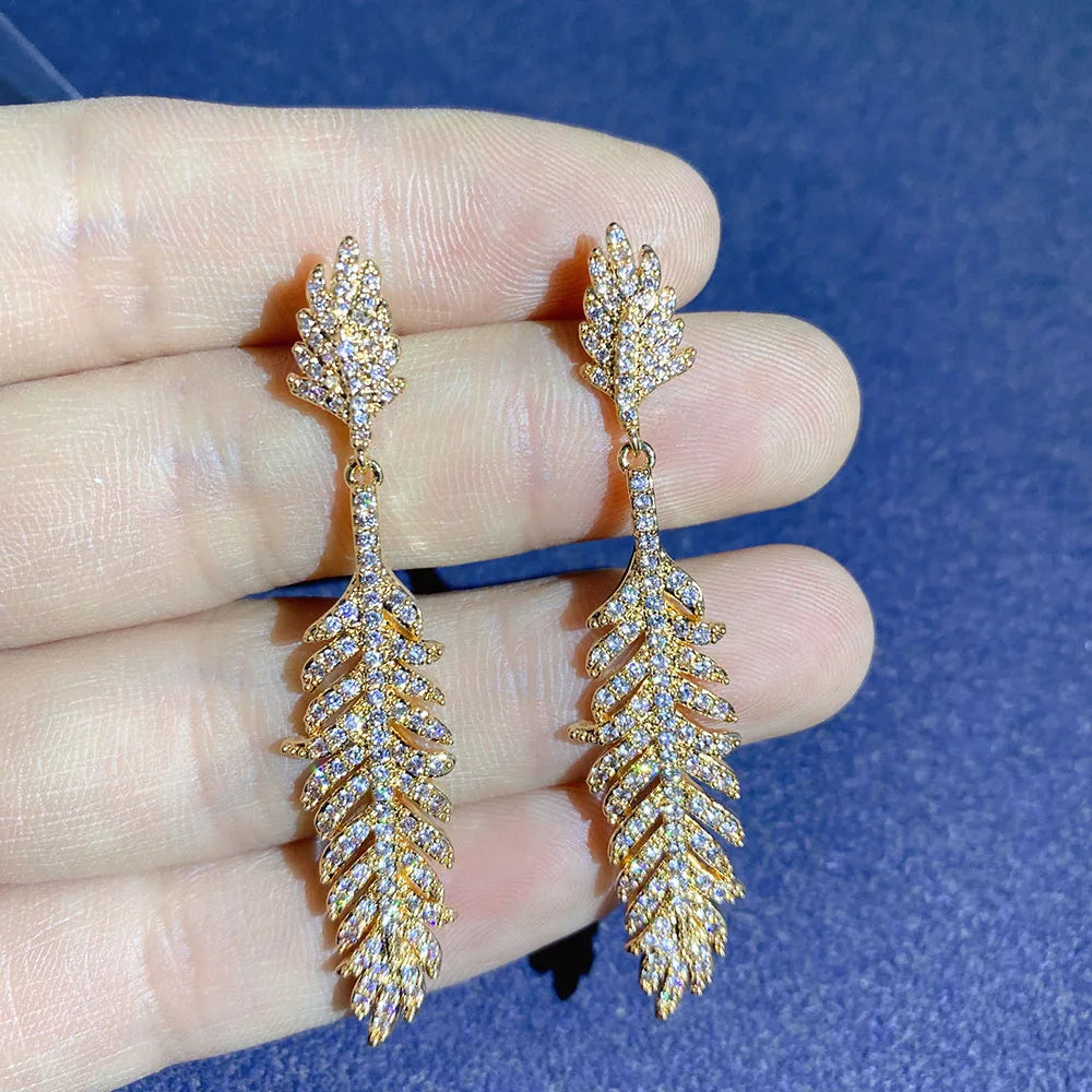 2021 Luxury Large Leaf Drop Flower Micro Cubic Zirconia Paved Naija Wedding Party Earring for Women-belleandkai.com