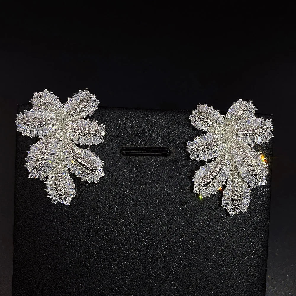 2021 Luxury Large Leaf Drop Flower Micro Cubic Zirconia Paved Naija Wedding Party Earring for Women-belleandkai.com