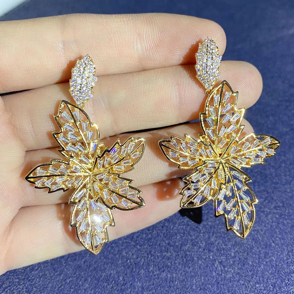 2021 Luxury Large Leaf Drop Flower Micro Cubic Zirconia Paved Naija Wedding Party Earring for Women-belleandkai.com