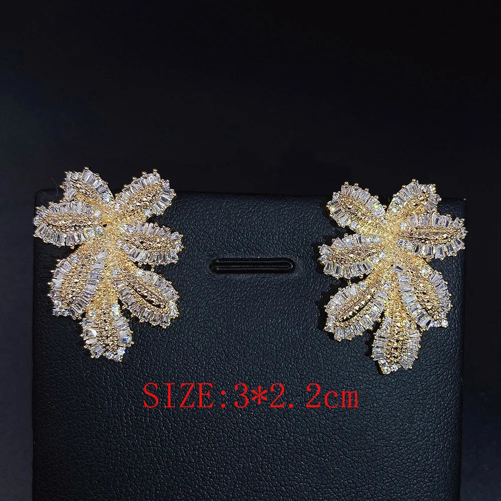 2021 Luxury Large Leaf Drop Flower Micro Cubic Zirconia Paved Naija Wedding Party Earring for Women-belleandkai.com