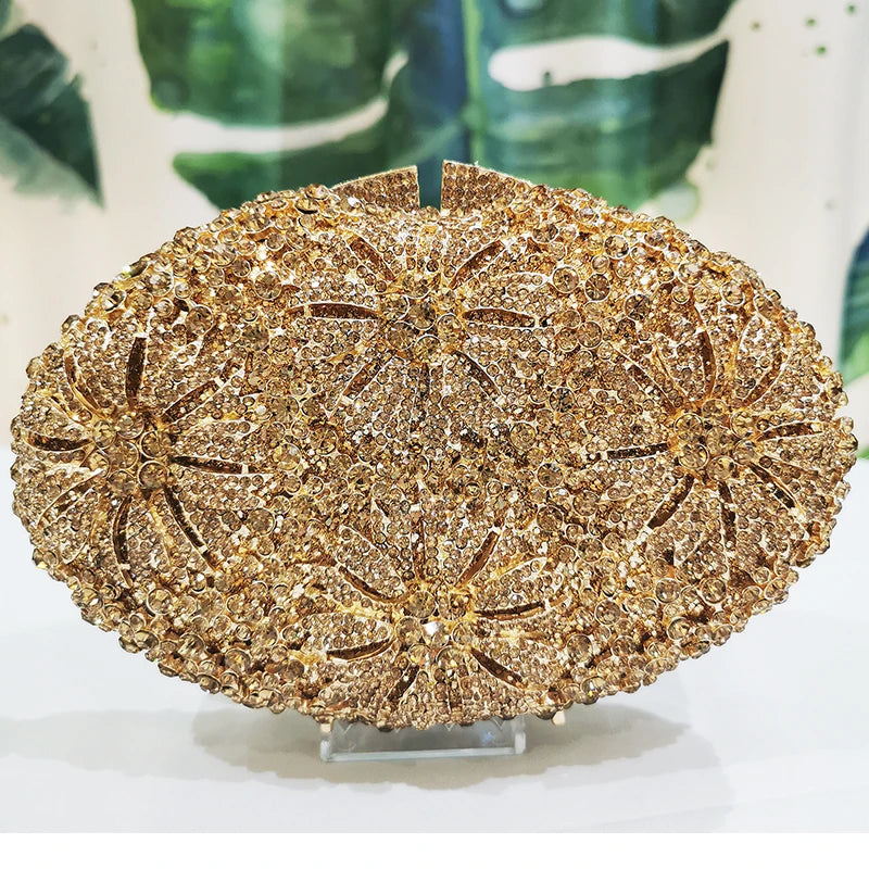 Gold Diamond Flower Evening Clutch Purse Oval Shape Rhinestone Crystal Wedding Bridal Clutches Luxury Phone Handbags-belleandkai.com