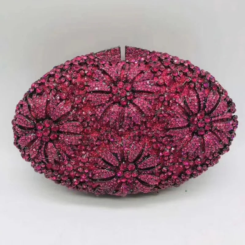 Gold Diamond Flower Evening Clutch Purse Oval Shape Rhinestone Crystal Wedding Bridal Clutches Luxury Phone Handbags-belleandkai.com