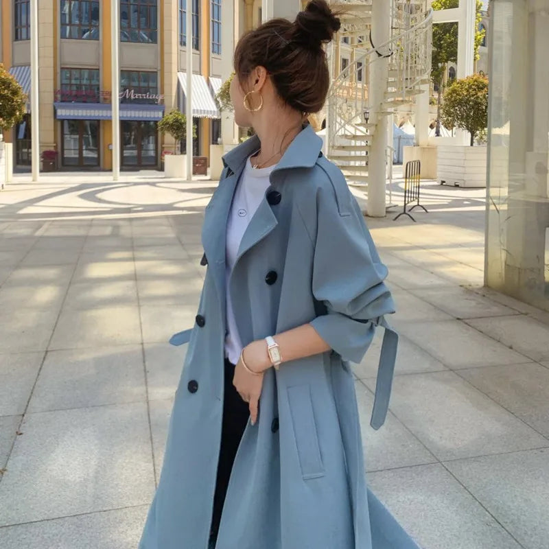 2025 Fashion Women Trench Coat Beige Blue Long Double-Breasted With Belt Spring Autumn Lady Coat Female Korean Loose Outerwear-belleandkai.com