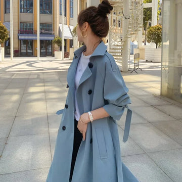 2025 Fashion Women Trench Coat Beige Blue Long Double-Breasted With Belt Spring Autumn Lady Coat Female Korean Loose Outerwear-belleandkai.com