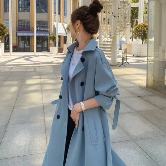 2025 Fashion Women Trench Coat Beige Blue Long Double-Breasted With Belt Spring Autumn Lady Coat Female Korean Loose Outerwear-belleandkai.com
