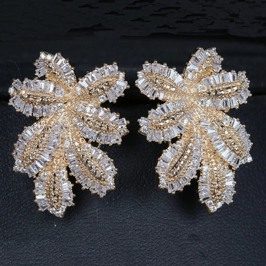 2021 Luxury Large Leaf Drop Flower Micro Cubic Zirconia Paved Naija Wedding Party Earring for Women-belleandkai.com