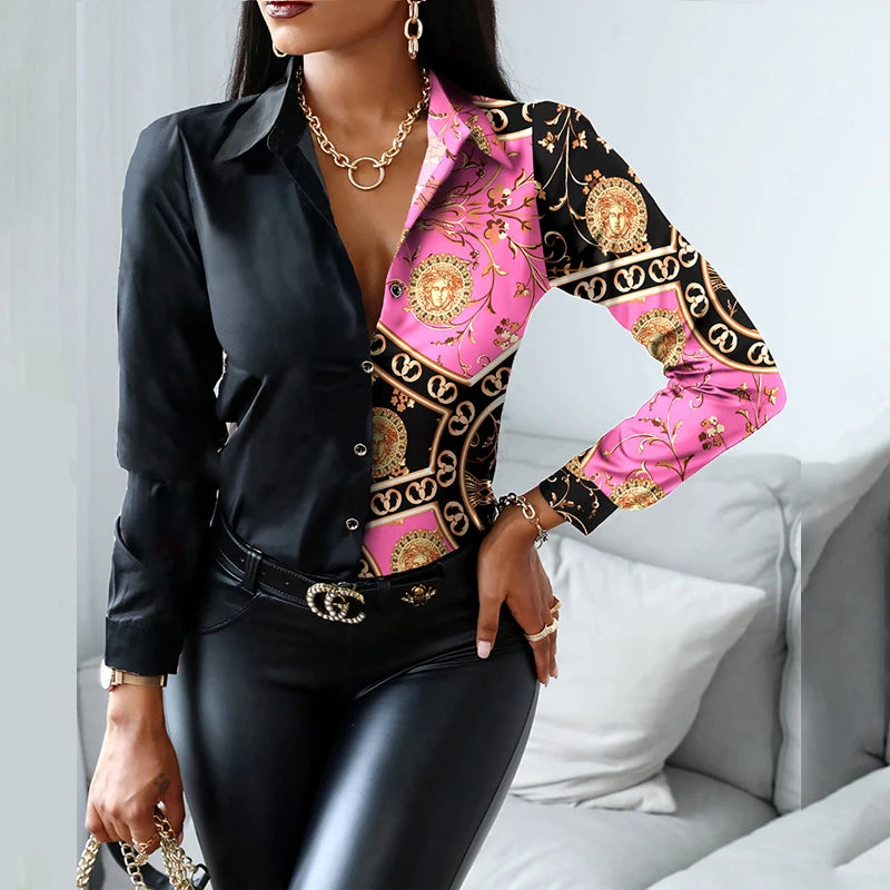 2024 Women Fashion Shirt Lady Long Sleeve Blouse Turn-down CollarButton Design Print  Casual Shirts-belleandkai.com