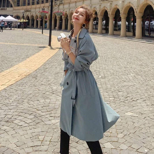 2025 Fashion Women Trench Coat Beige Blue Long Double-Breasted With Belt Spring Autumn Lady Coat Female Korean Loose Outerwear-belleandkai.com