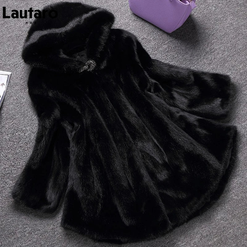 Lautaro Winter Black Warm Thick Hairy Soft Faux Mink Fur Coat Women with Hood Elegant Luxury Fluffy Jacket 2022 4xl 5xl 6xl 7xl-belleandkai.com