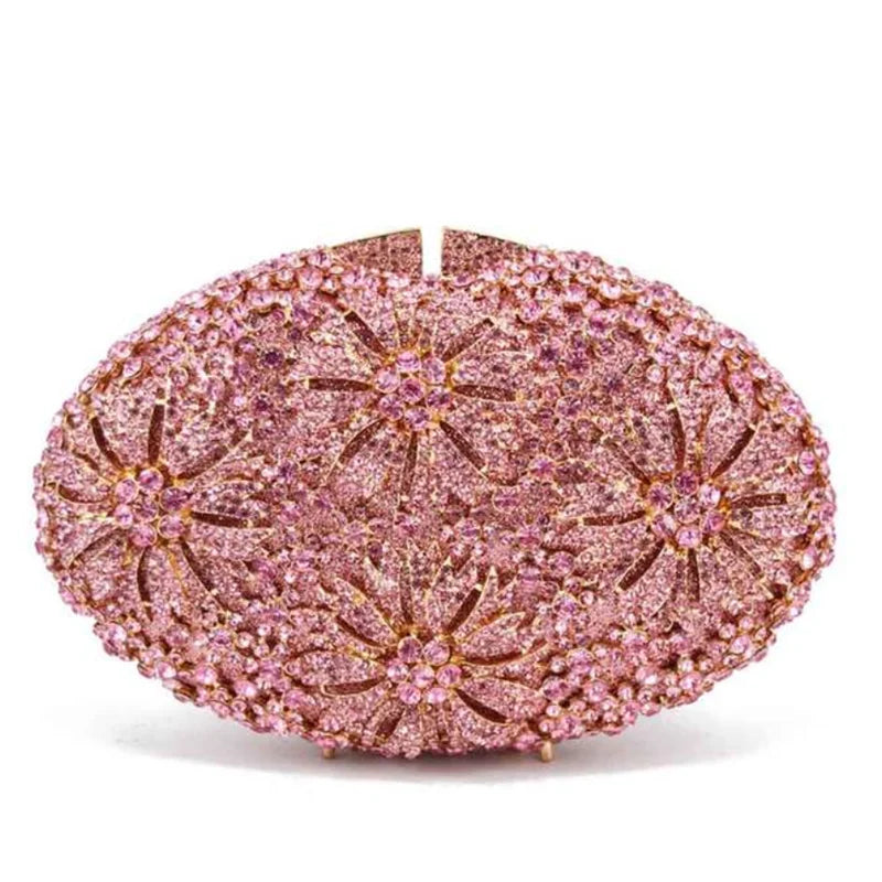 Gold Diamond Flower Evening Clutch Purse Oval Shape Rhinestone Crystal Wedding Bridal Clutches Luxury Phone Handbags-belleandkai.com