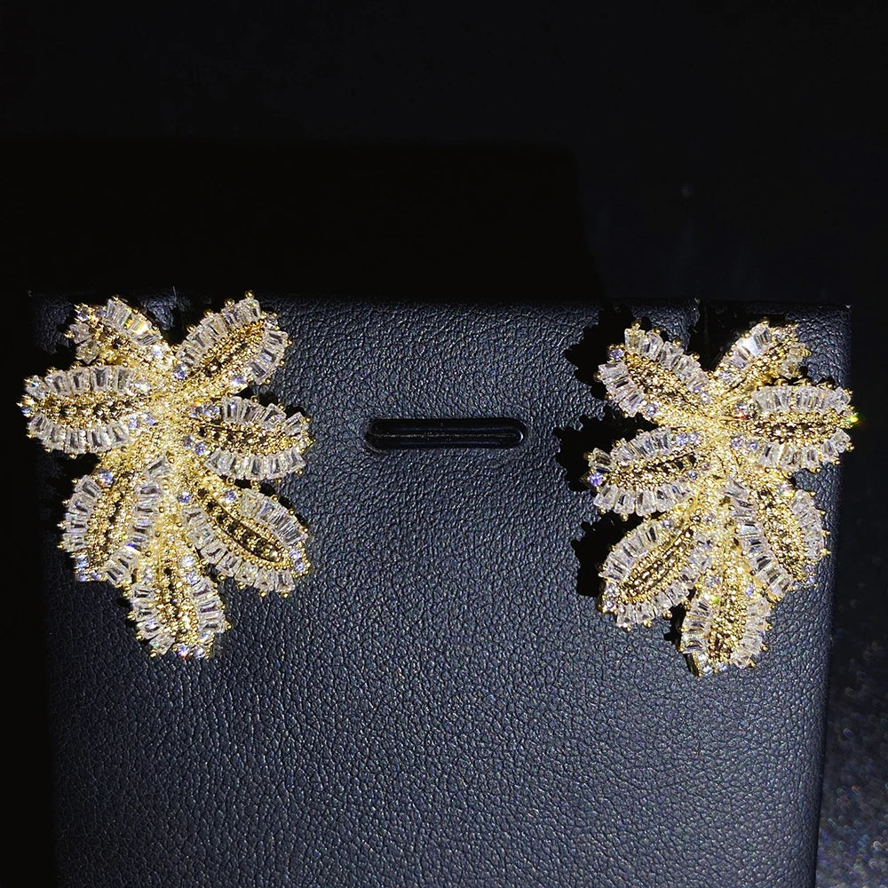 2021 Luxury Large Leaf Drop Flower Micro Cubic Zirconia Paved Naija Wedding Party Earring for Women-belleandkai.com