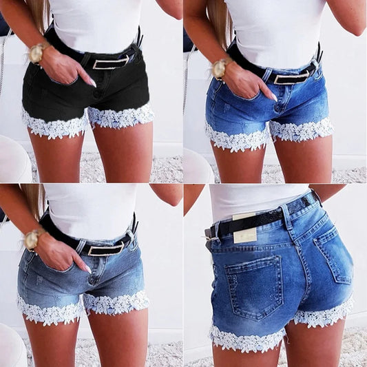 Women Slim Denim Shorts Stretch Lace Stitching Jeans Shorts Ladies Casual Regular Short-belleandkai.com