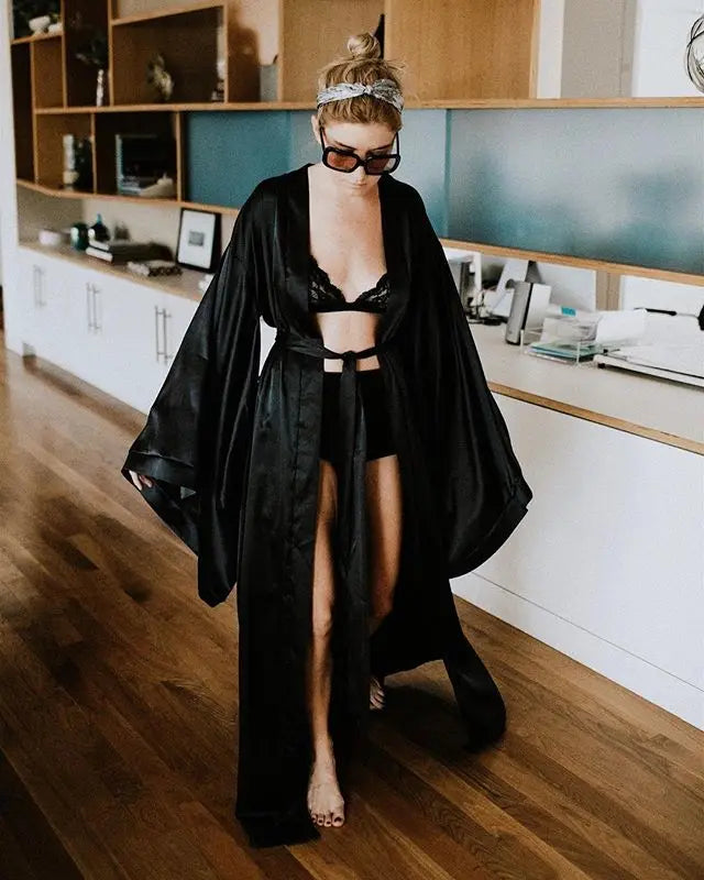 2019 New Solid Robes Women Black Red Long Sleeve Nightgown Ladies Girls Silk Satin Smooth Spring Lace Sleepwear Female Bathrobe-belleandkai.com