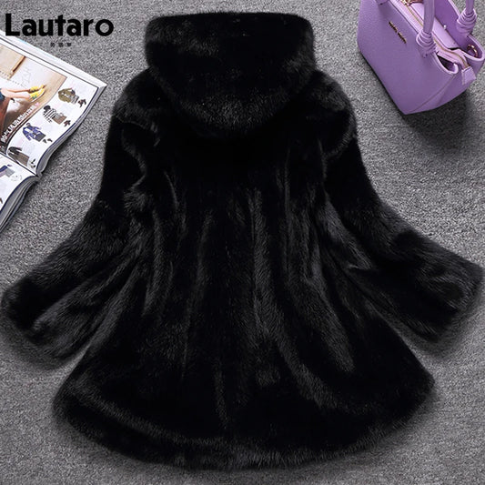 Lautaro Winter Black Warm Thick Hairy Soft Faux Mink Fur Coat Women with Hood Elegant Luxury Fluffy Jacket 2022 4xl 5xl 6xl 7xl-belleandkai.com