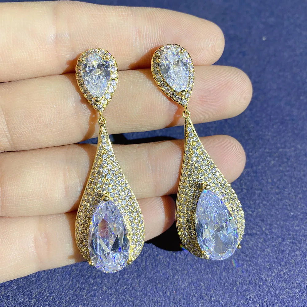 2021 Luxury Large Leaf Drop Flower Micro Cubic Zirconia Paved Naija Wedding Party Earring for Women-belleandkai.com