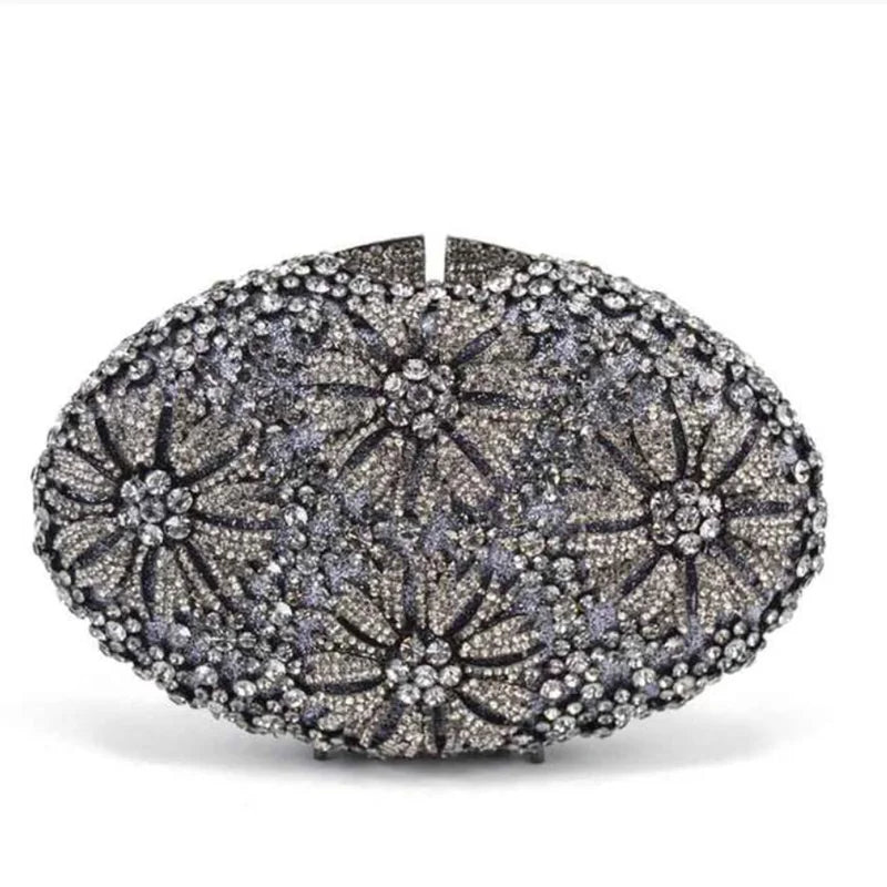 Gold Diamond Flower Evening Clutch Purse Oval Shape Rhinestone Crystal Wedding Bridal Clutches Luxury Phone Handbags-belleandkai.com