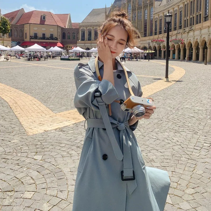 2025 Fashion Women Trench Coat Beige Blue Long Double-Breasted With Belt Spring Autumn Lady Coat Female Korean Loose Outerwear-belleandkai.com
