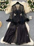 SINGREINY Women Elegant Sheer Sexy Cardigan Robes Wools Spliced Long Sleeve Shawls Fashion French Gauze Transparent Long Robes-belleandkai.com