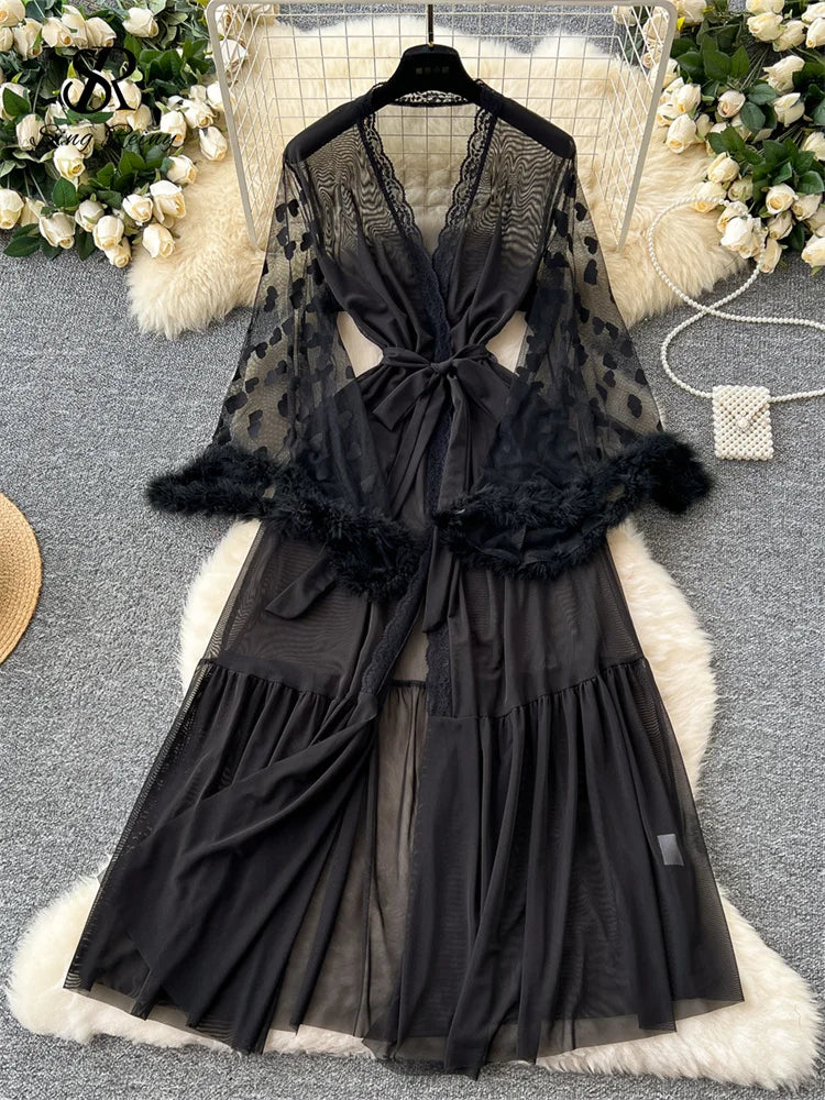 SINGREINY Women Elegant Sheer Sexy Cardigan Robes Wools Spliced Long Sleeve Shawls Fashion French Gauze Transparent Long Robes-belleandkai.com