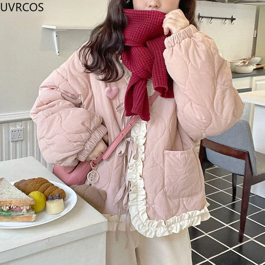 Korean Style Cute Loose Warm Winter Jacket Women Chic Ruffle Neck Sweet Parkas Overcoat Japanese Harajuku Kawai Padded Coat 2023-belleandkai.com