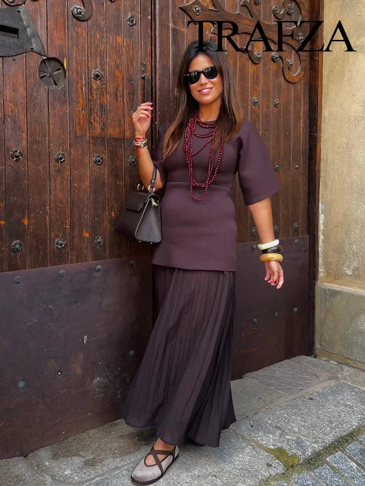 TRAFZA Women Elegant Half Sleeves O-Collar Pleated Dress Spring Woman Rear Zipper Splicing Vintage Casual Knitted Long Dress-belleandkai.com