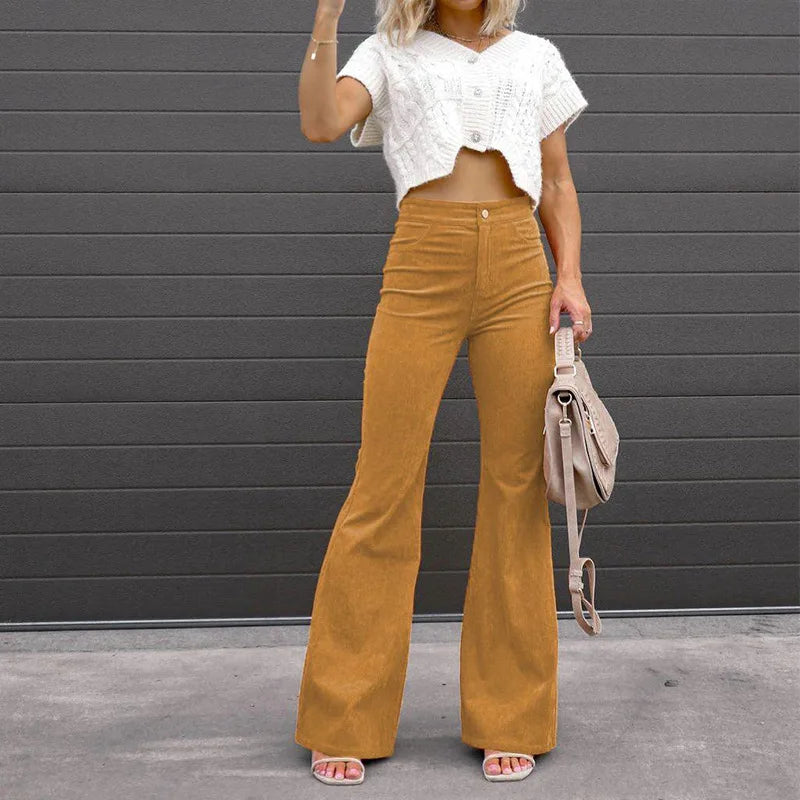 Street Fashion Pantalon Europe American Spring Autumn Women's Solid Mid Waist Slim Micro Bell Bottoms Corduroy Casual Sweatpant-belleandkai.com