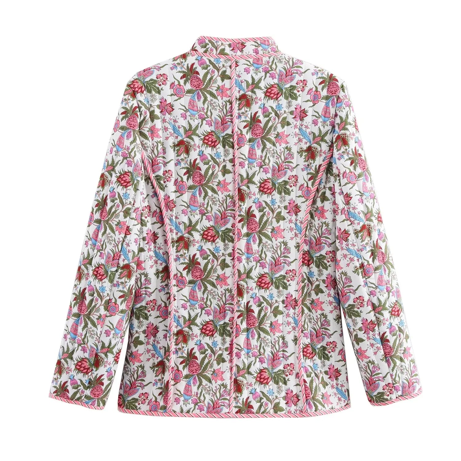 European and American style 2024 autumn new women's retro floral print stand collar long sleeve pocket decoration quilted cotton-belleandkai.com