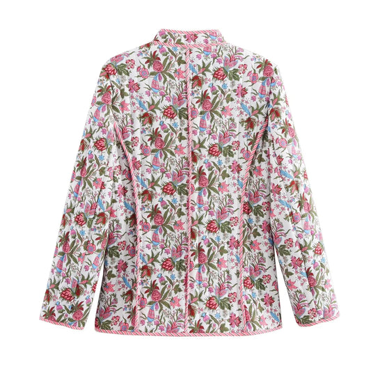 European and American style 2024 autumn new women's retro floral print stand collar long sleeve pocket decoration quilted cotton-belleandkai.com