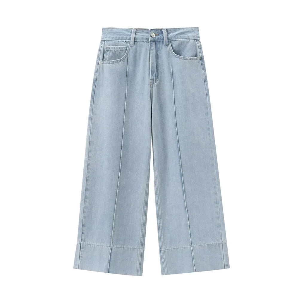 Summer New Product Casual Women's Fashion Solid Color Versatile Loose Simple High Waist Wide Leg Jeans-belleandkai.com