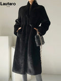 Lautaro Winter Long Black Luxury Elegant Stylish Thick Warm Fluffy Hairy Soft Faux Mink Fur Coat Women Stand Collar Sashes 2023-belleandkai.com