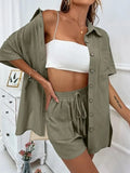 Long Sleeve Single breasted Top Broad legged Shorts Set Fashion Ladies Sexy Solid Suits 2024 Summer 2 Piece Outfits For Women-belleandkai.com