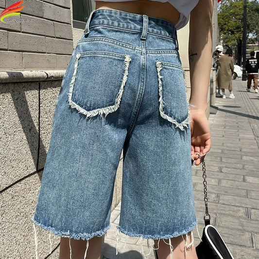 DFRCAEG 2025 Summer Jean Shorts Women Street Wear High Waist Burrs Wide Leg Half Length Bermuda Denim Shorts Woman Hot Sale-belleandkai.com