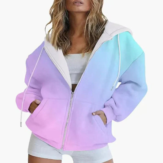 Autumn new gradient 3D digital printed casual long sleeved zipper hooded sweatshirt for women-belleandkai.com