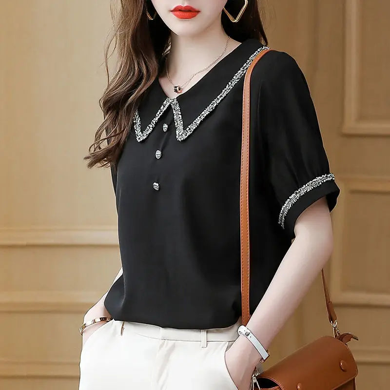 Top for Woman Office Outfits Clothing Black Women's Shirts and Blouses Chiffon Wear To Work Formal Collar Short Sleeve New 2024-belleandkai.com