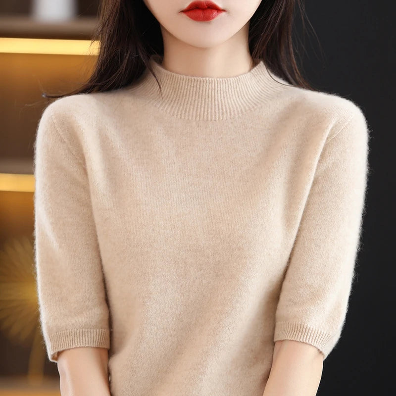 RONGYI Seamless Cashmere Sweater Knitted Women's Clothing 100% Pure Wool Short-Sleeved 2022 Spring Five-Quarter Sleeve  Pullover-belleandkai.com