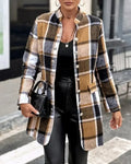 Plus Size 1XL-5XL Women Fashion Autumn and Winter Plaid Printing Coat Ladies Casual Long Sleeve Button Mock Neck Tunic Jacket-belleandkai.com