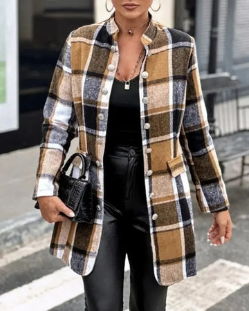 Plus Size 1XL-5XL Women Fashion Autumn and Winter Plaid Printing Coat Ladies Casual Long Sleeve Button Mock Neck Tunic Jacket-belleandkai.com